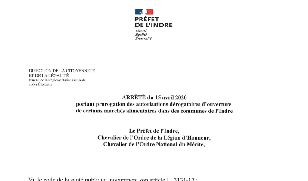 Arrêté portant prorogation des dérogations d’ouverture des marchés
