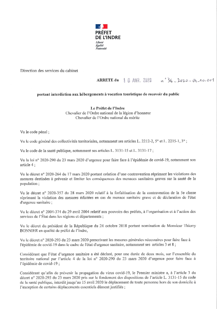 Arrêté portant interdiction aux hébergements à vocation touristique de recevoir du public