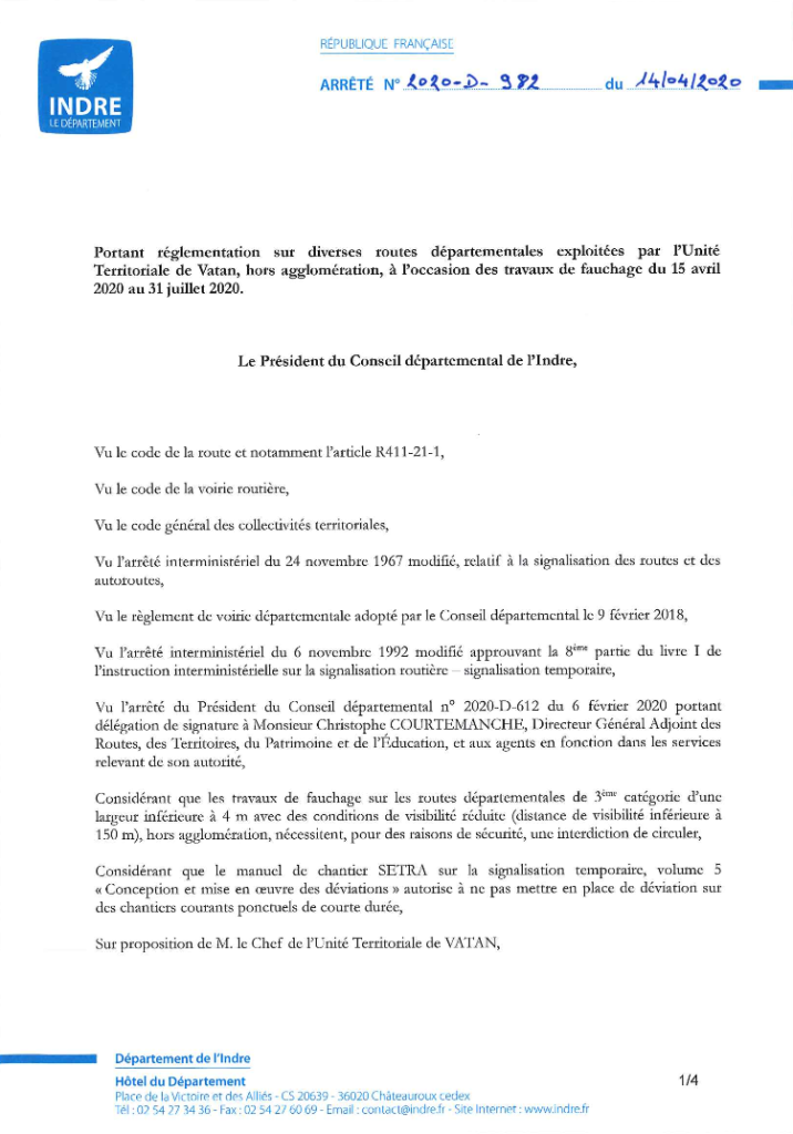 Arrêté portant réglementation sur diverses routes départementales exploitées par l’UT de Vatan, hors agglomération, à l’occasion des travaux de fauchage du 15 avril au 31 juillet 2020