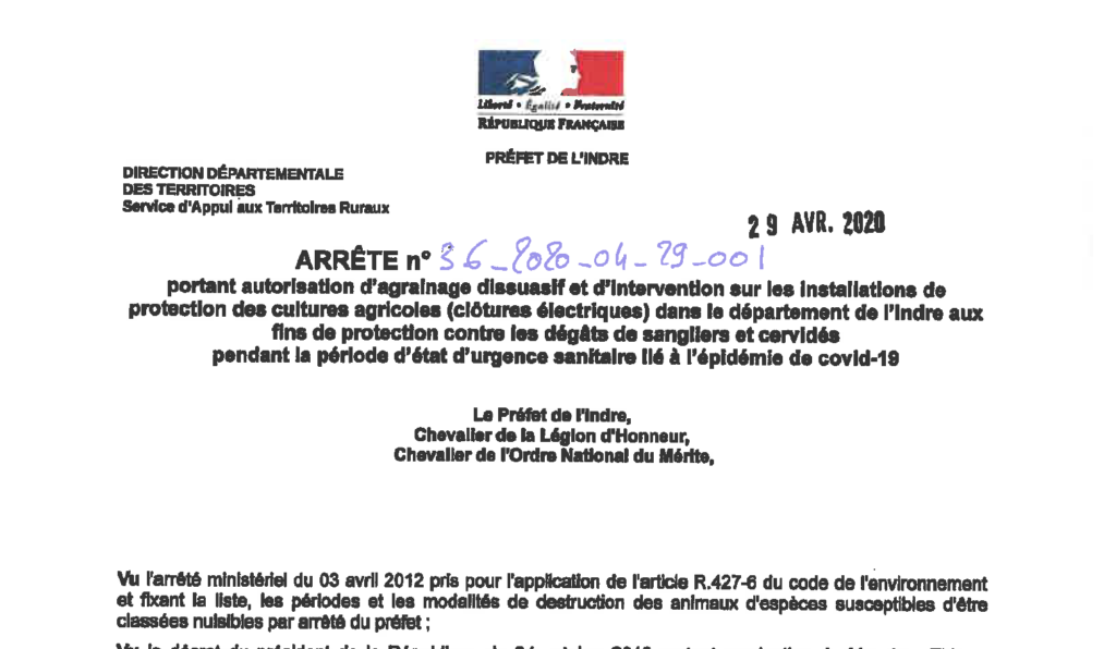 Arrêté portant autorisation d’agrainage dissuasif et d’intervention sur les installations de protection des cultures agricoles aux fins de protection contre les dégâts de sangliers et cervidés pendant la période d’état d’urgence sanitaire