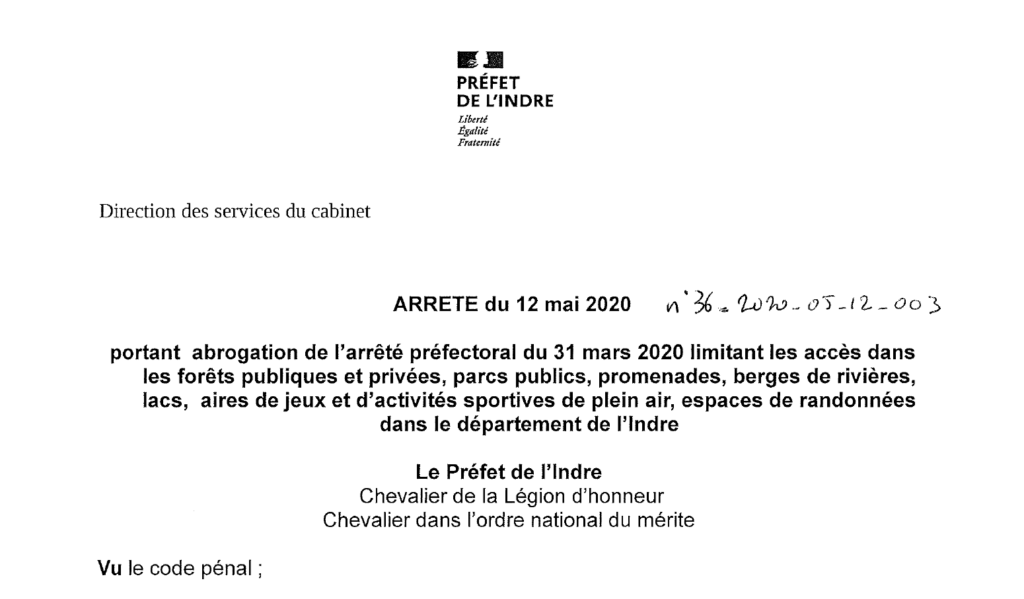 Arrêté portant abrogation de l’arrêté du 31 mars limitant l’accès à certaines zones publiques