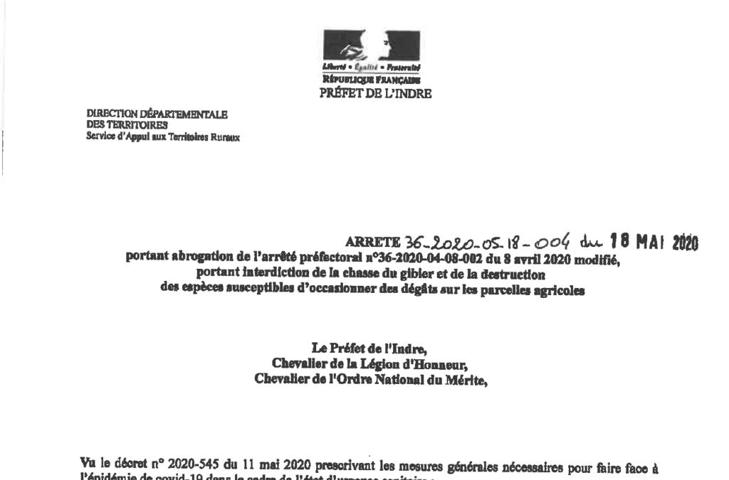 Arrêté portant sur l’abrogation de l’interdiction de la chasse du gibier et de la destruction des espèces susceptibles d’occasionner des dégâts sur les parcelles agricoles