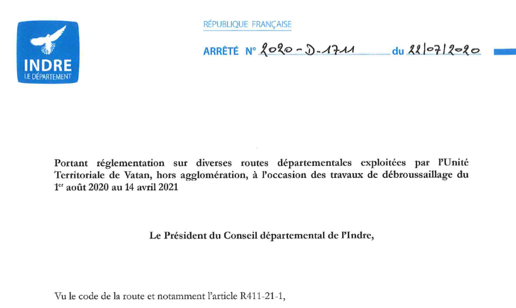 Arrêté portant sur la réglementation sur diverses routes départementales exploitées par l’UT de Vatan à l’occasion des travaux de débroussaillage du 01/08/2020 au 14/04/2021