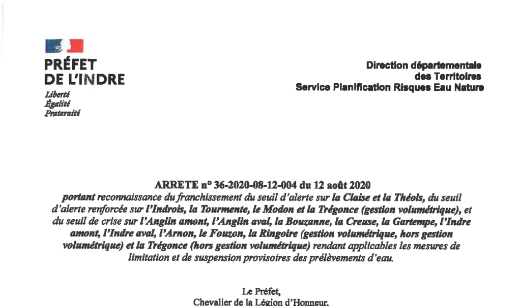 Arrêté portant reconnaissance du franchissement du seuil d’alerte sur la Théols rendant applicable les mesures de limitation et de suspension provisoire des prélèvement d’eau