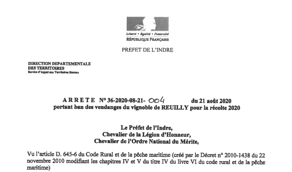 Arrêté portant ban des vendanges du vignoble de Reuilly pour la récolte 2020