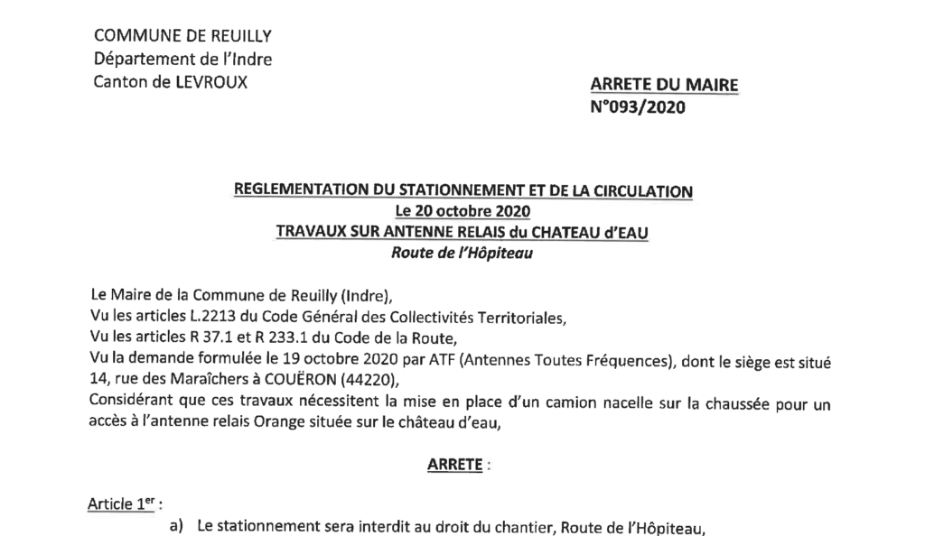 Arrêté portant réglementation du stationnement et de la circulation le 20 octobre 2020 route de l’Hôpiteau