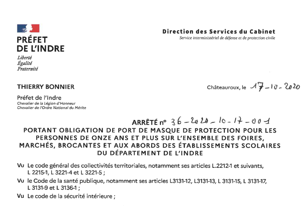 Arrêté portant obligation du port du masque sur l’ensemble des foires, marchés, brocantes et aux abords des écoles de l’Indre