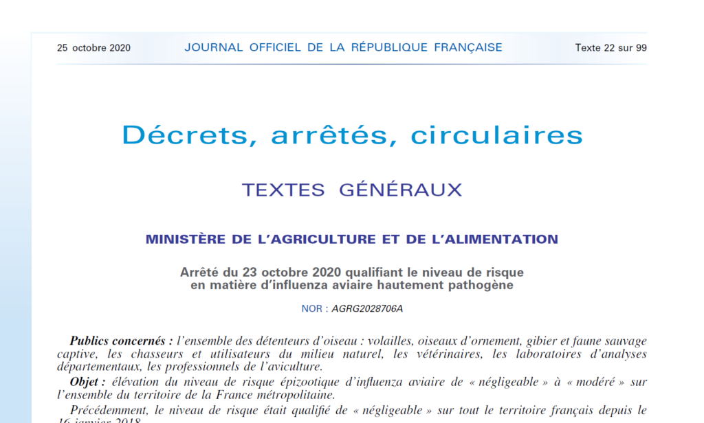 Arrêté qualifiant le niveau de risque en matière d’influenza aviaire hautement pathogène