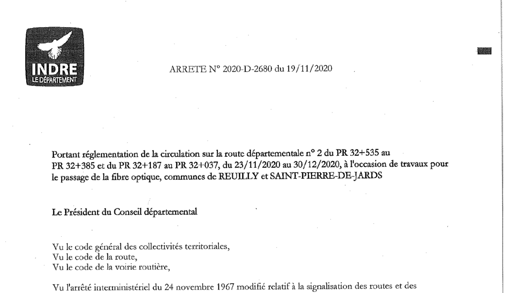 Arrêté portant sur la réglementation de la circulation sur la départementale n°2 au niveau de l’Ormeteau entre le 23/11 et le 30/12