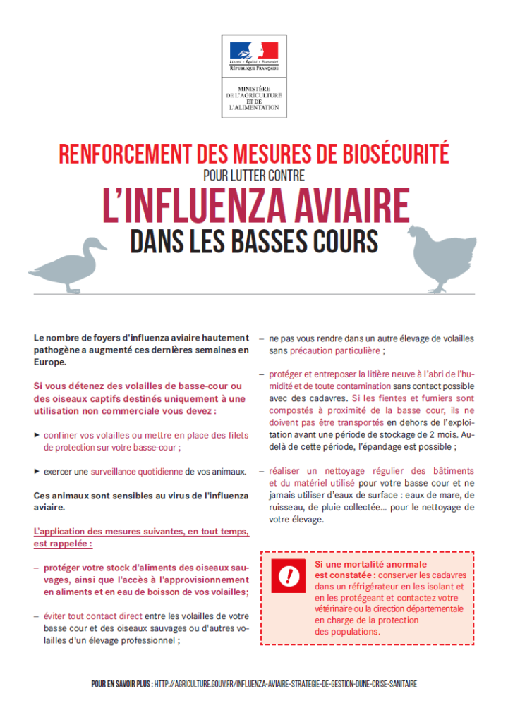 Augmentation du niveau de risque d’Influenza Aviaire (Grippe aviaire) de « modéré » à « élevé »