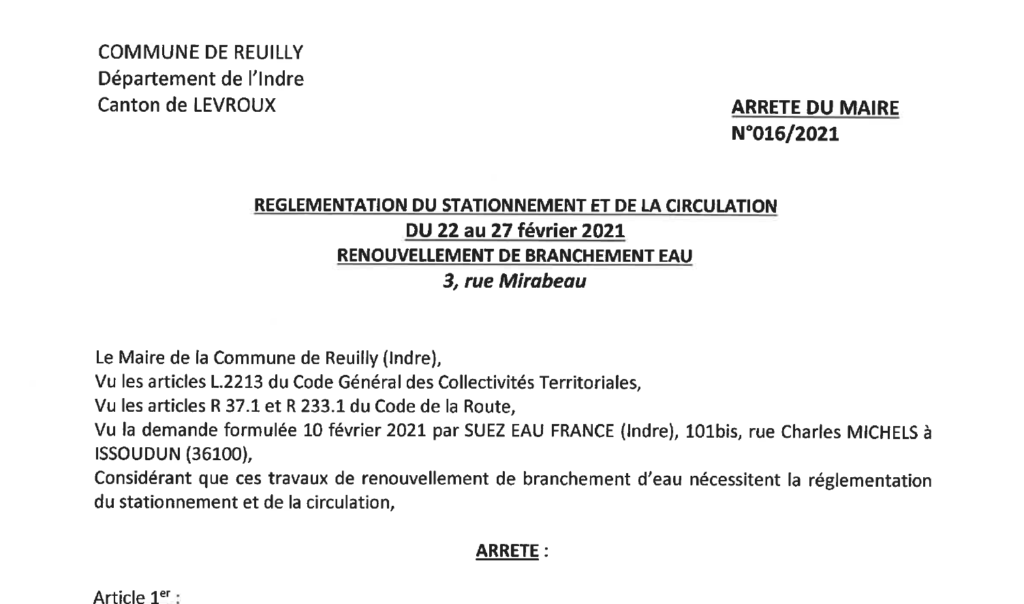 Arrêté portant réglementation du stationnement et de la circulation du 22/02 au 27/02 rue Mirabeau