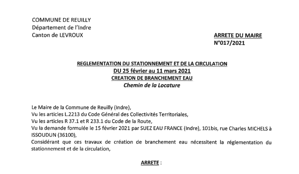 Arrêté portant réglementation du stationnement et de la circulation, du 25/02 au 11/03, chemin de la locature