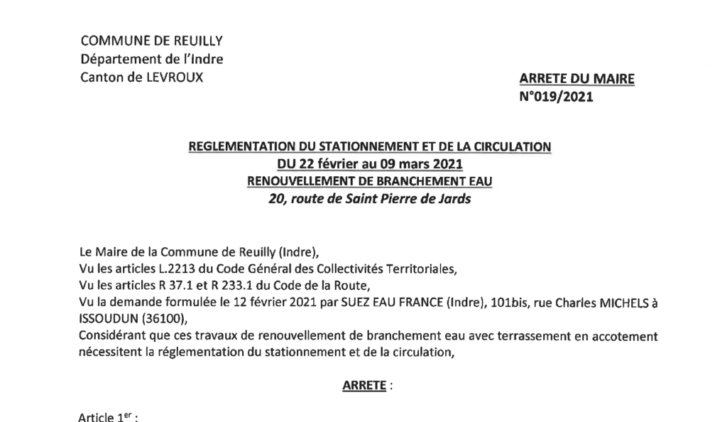 Arrêté portant réglementation du stationnement et de la circulation, du 22/02 au 09/03, route de St-Pierre-de-Jards