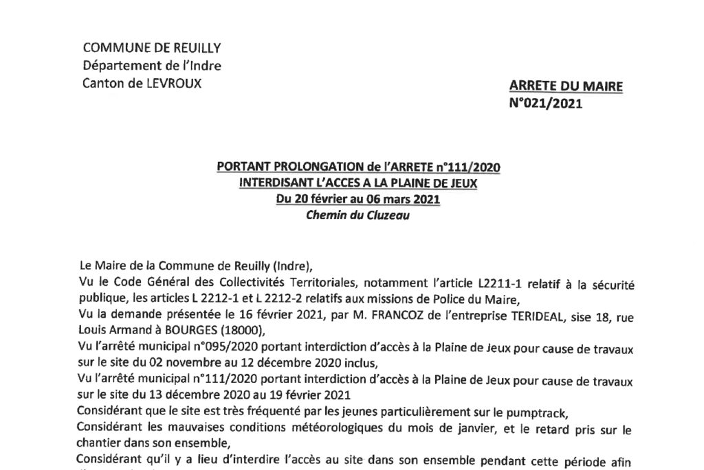 Arrêté portant prolongation d’interdiction d’accès à la Plaine de Jeux du 20 février au 6 mars