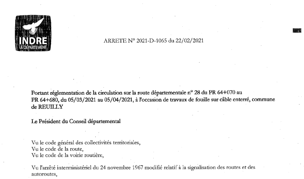 Arrêté portant sur règlementation de circulation sur la D28, du 05/03/2021 au 05/04/2021 à l’occasion de travaux de fouilles sur câbles enterrés