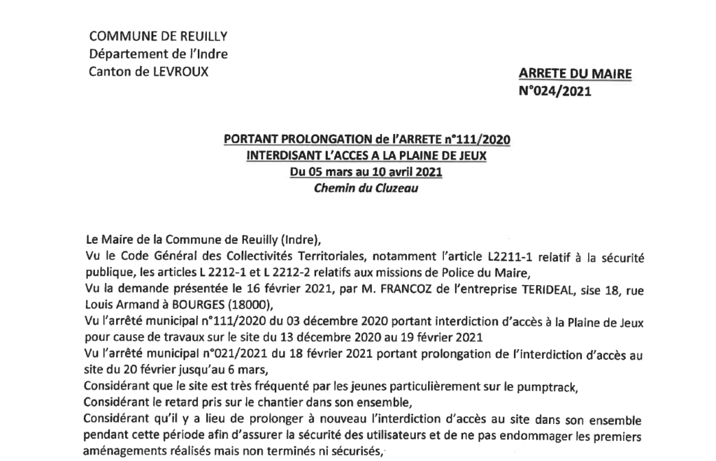 Arrêté portant prolongation de l’interdiction d’accès à la Plaine de jeux, du 5/03 au 10/04, chemin du Cluzeau