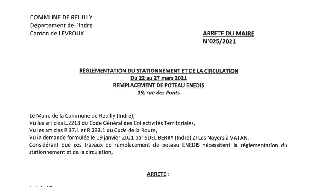 Arrêtés portant règlementation du stationnement et de la circulation, du 22/03 au 27/03 pour des remplacements de poteaux Enedis