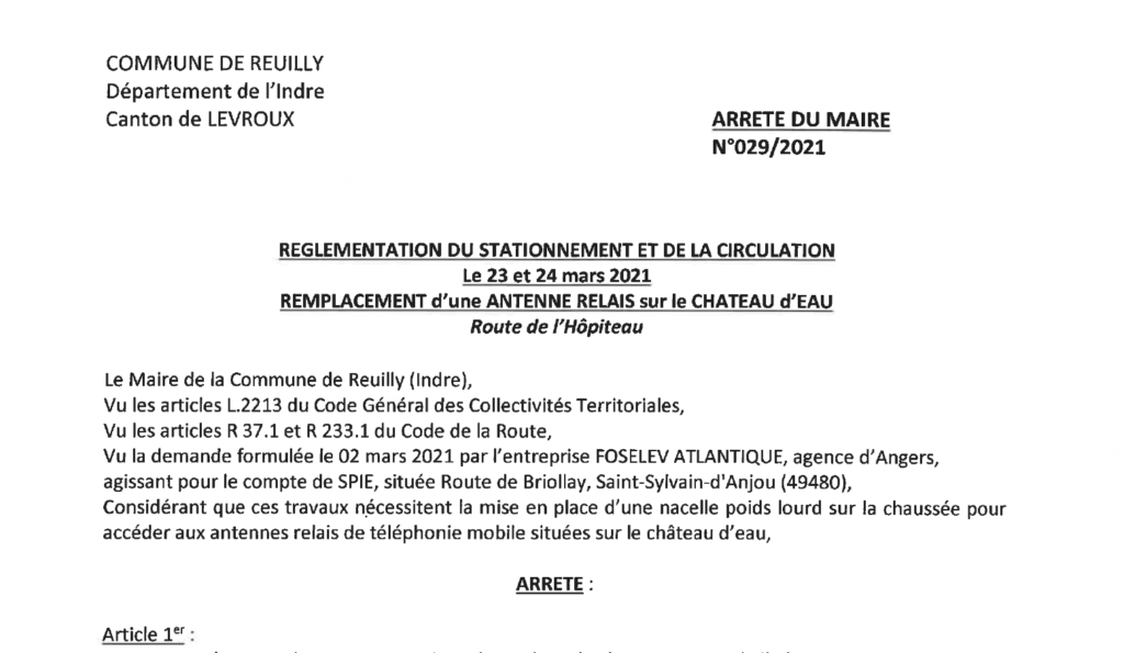 Arrêté portant réglementation du stationnement et de la circulation, le 23/03 et 24/03, pour le remplacement d’une antenne relais sur le Château d’eau, route de l’Hôpiteau