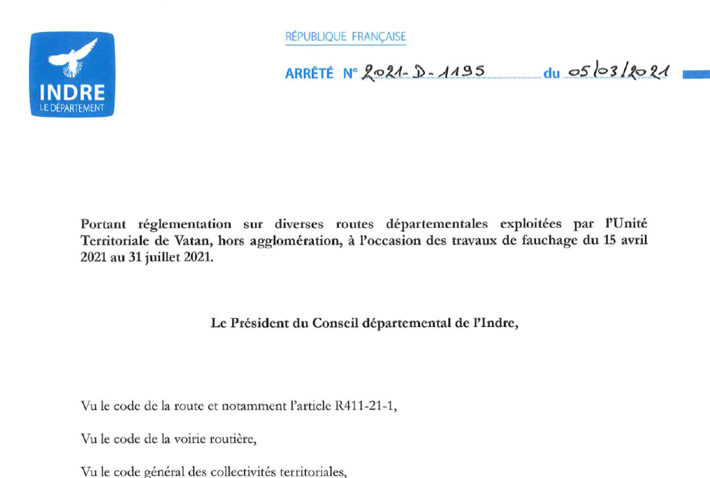 Arrêté portant réglementation sur diverses routes départementales, à l’occasion des travaux de fauchage du 15/04 au 31/07