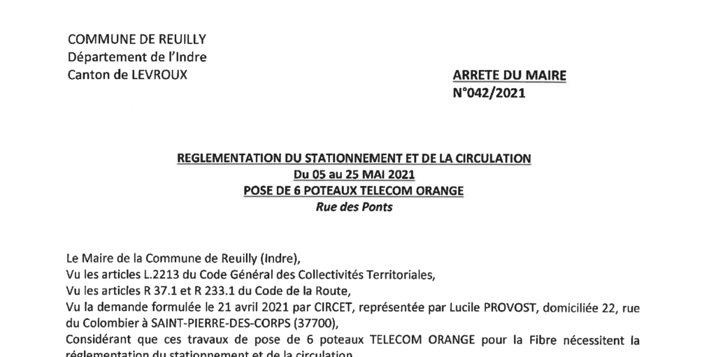 Arrêté portant réglementation du stationnement et de la circulation, du 05 au 25 mai, pour la pose de poteaux télécoms, rue des ponts