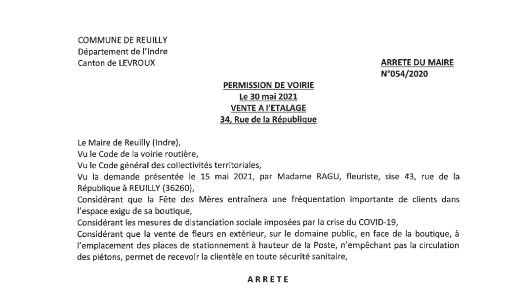 Arrêtés portant sur la règlementation du stationnement et sur une vente à l’étalage le 30/05 au 34 rue de la République