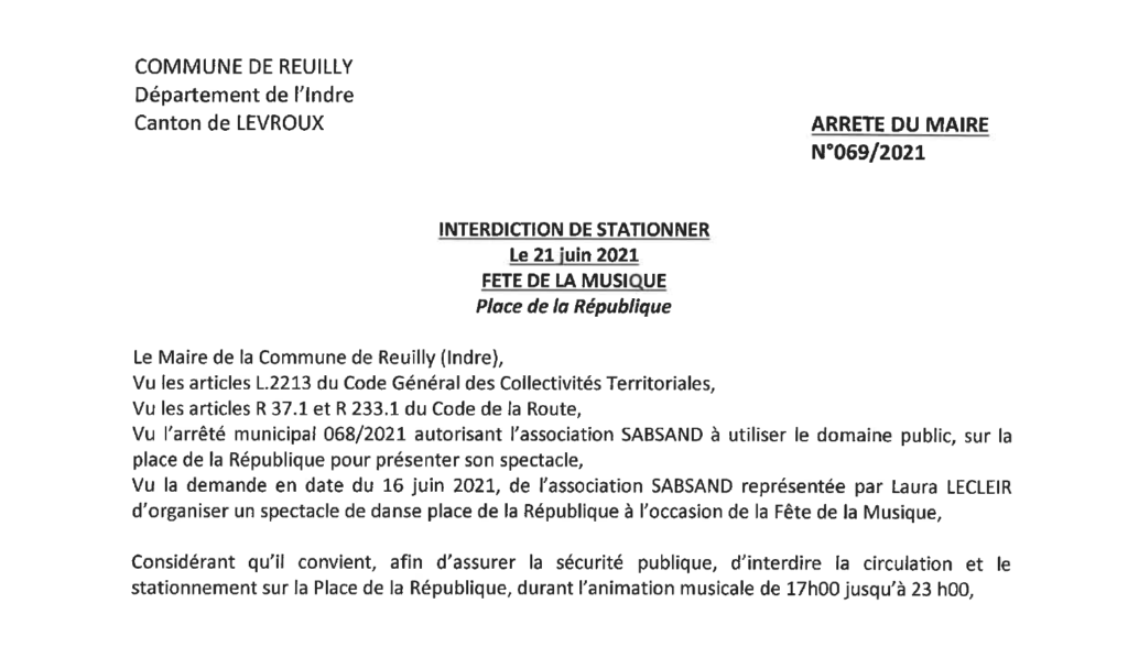 Arrêté portant interdiction de stationner le 21/06 place de la république à l’occasion de la fête de la musique