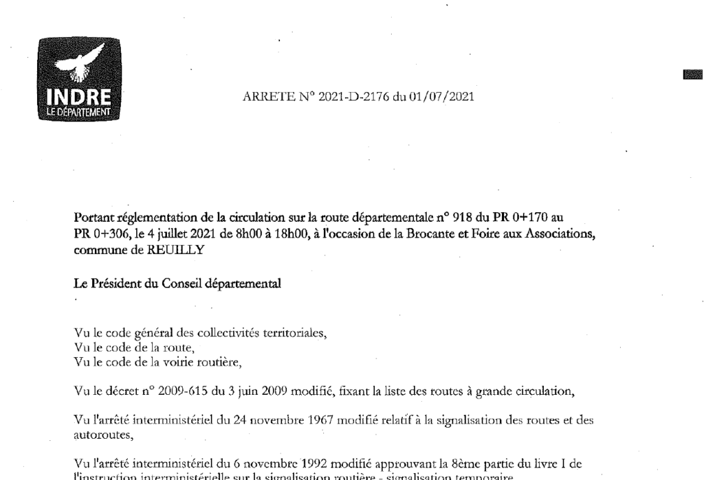 Arrêté portant règlementation de la circulation sur la D918 le 4/07 de 8h à 18h à l’occasion de la Brocante et du Forum des Associations