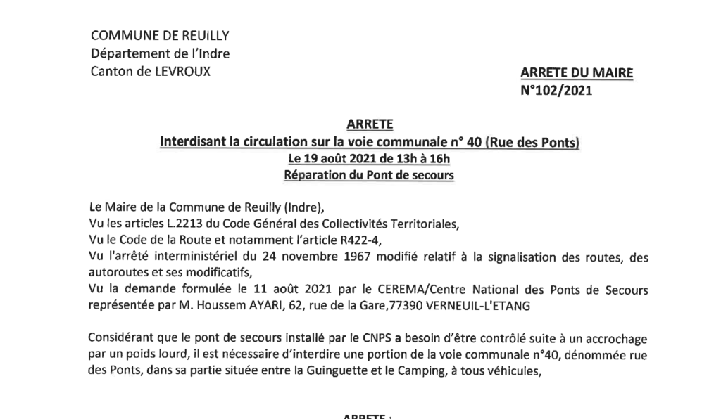 Arrêté portant interdiction de circuler sur la Rue des ponts le 19/08 de 13h à 16h pour la réparation du pont de secours