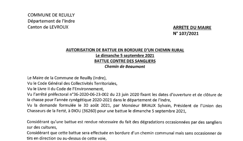 Arrêté portant autorisation de battue contre des sangliers en bordure du chemin de Beaumont le 5/09