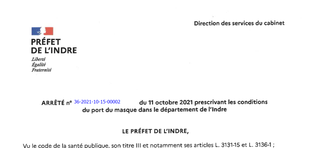 Arrêté prescrivant les conditions du port du masque dans le département de l’Indre