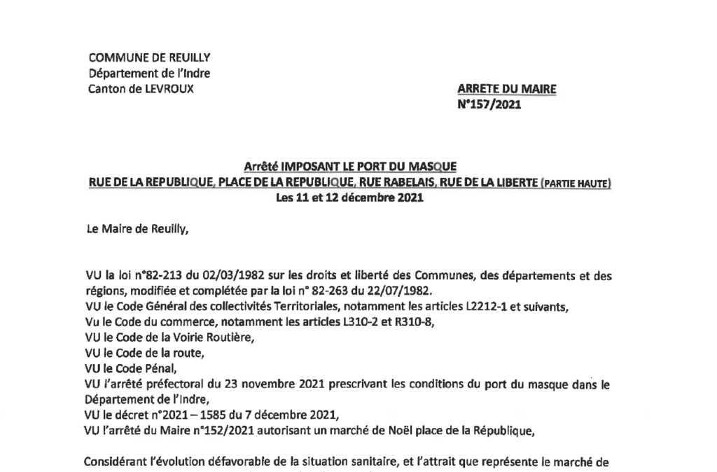 Arrêté imposant le port du masque en centre ville le 11/12 et le 12/12