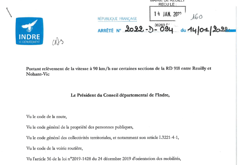 Arrêté portant relèvement de la vitesse à 90km/h sur certaines sections de la RD 918 entre Reuilly et Nohant-Vic