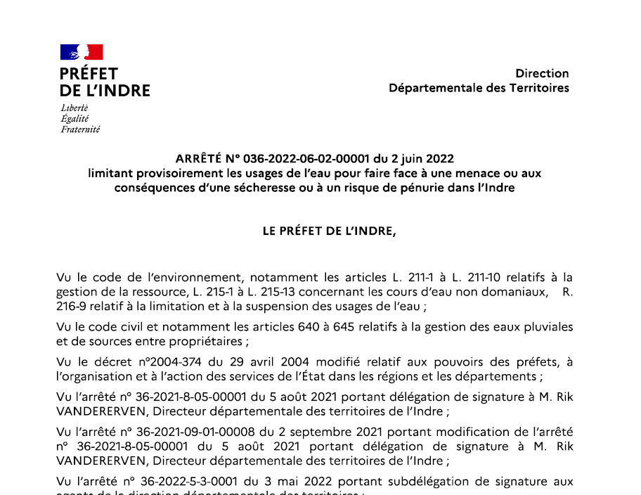 Arrêté limitant provisoirement les usages de l’eau pour faire face à une menace ou aux conséquences d’une sécheresse ou à un risque de pénurie dans l’Indre