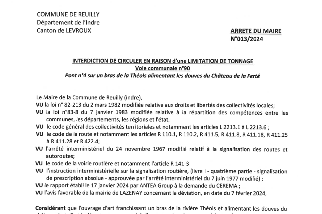 Fermeture d’un des ponts des douves du château de la Ferté aux plus de 3,5t à compter du 08/02