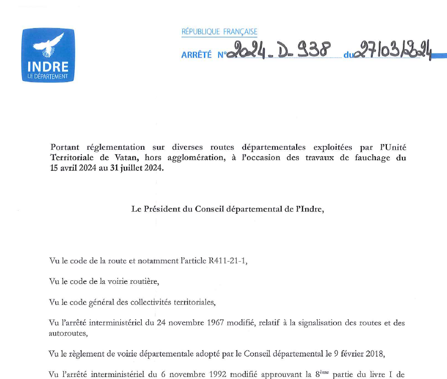 Arrêté portant réglementation sur diverses routes départementales, à l’occasion des travaux de fauchage du 15/04 au 31/07